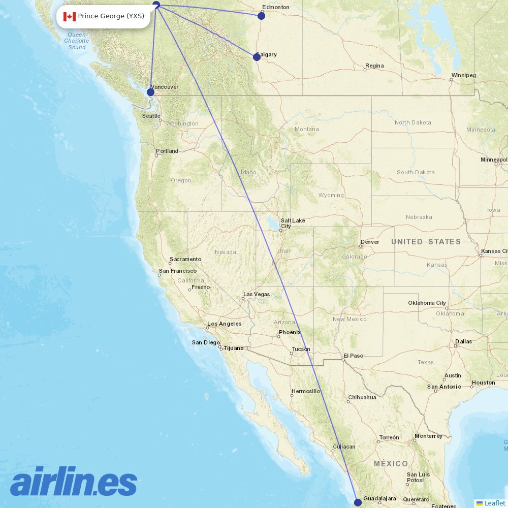 WestJet from Prince George destination map