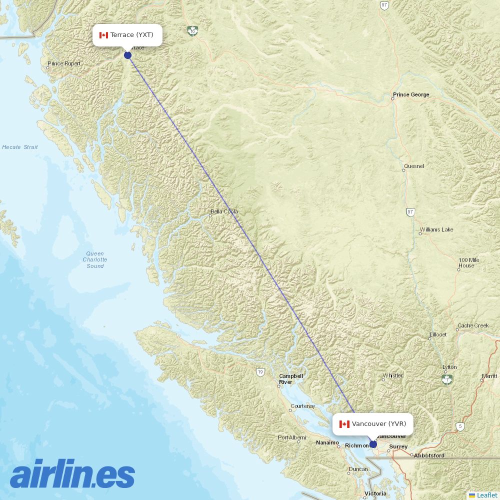 Air Canada from Terrace destination map