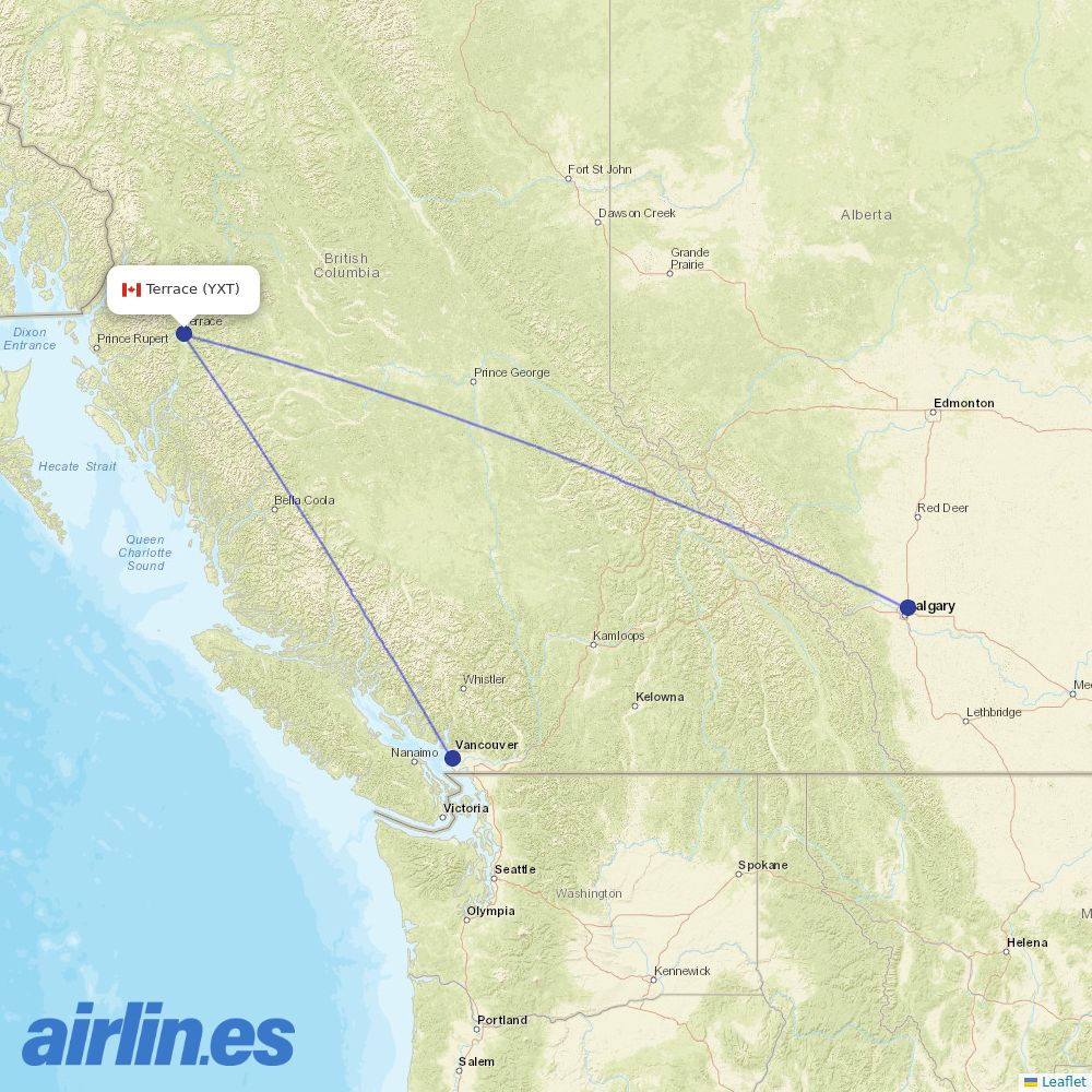 WestJet from Terrace destination map