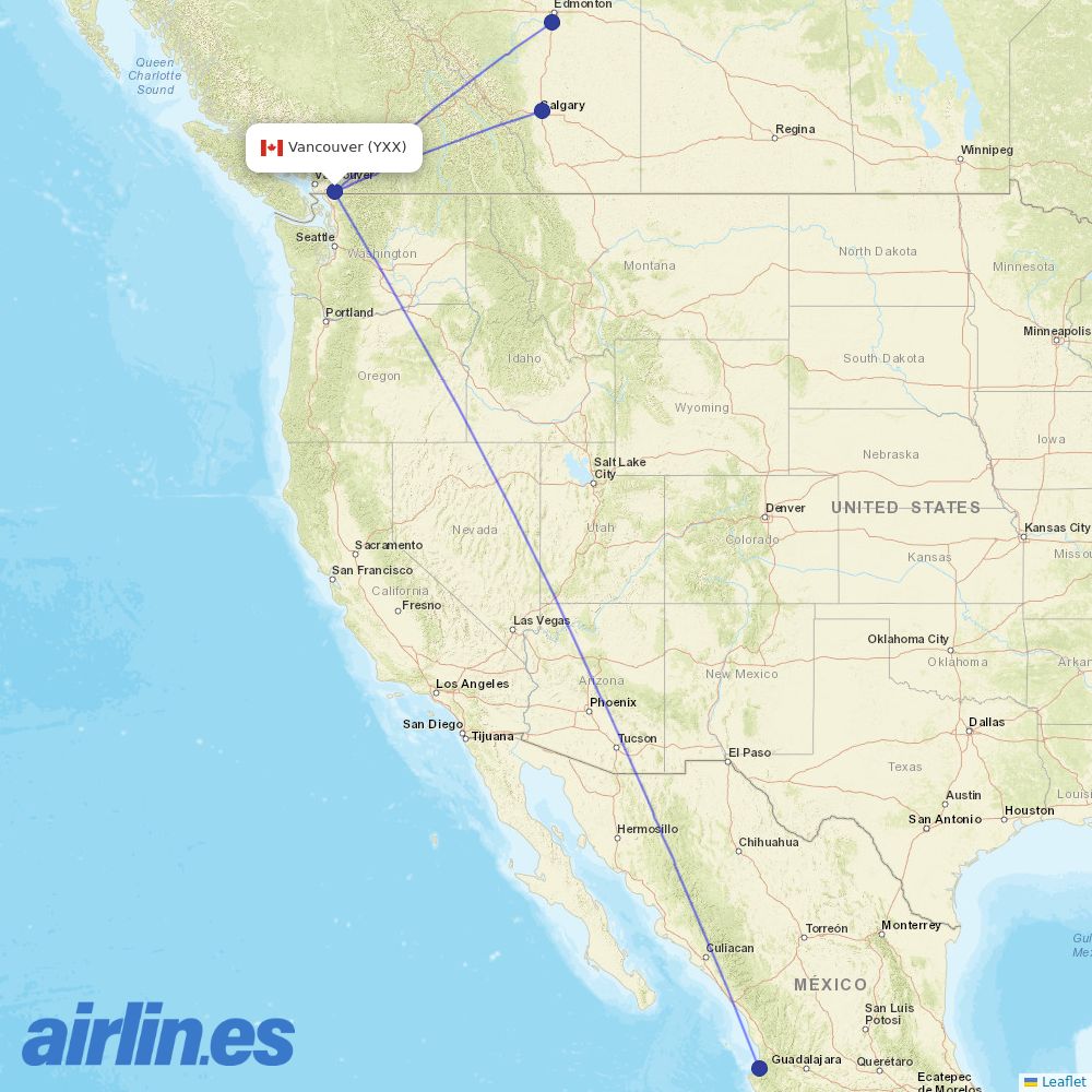 WestJet from Abbotsford destination map