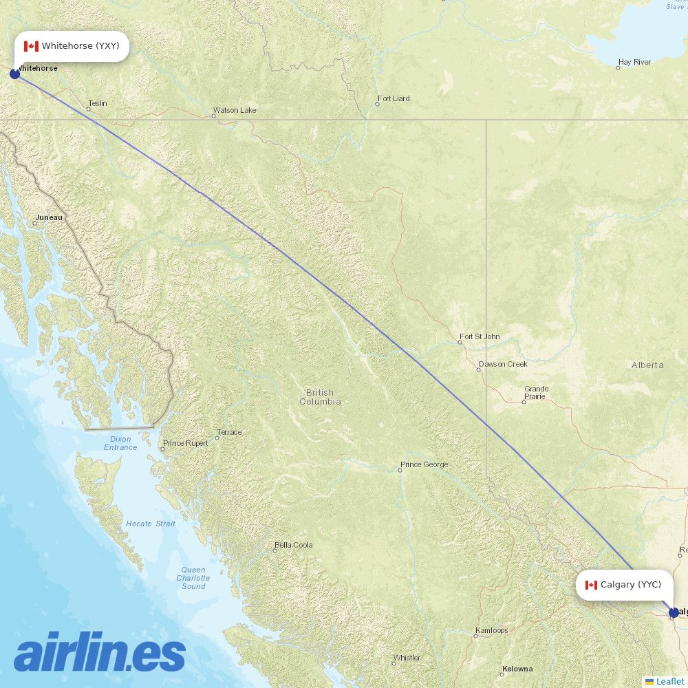 WestJet from Whitehorse International destination map