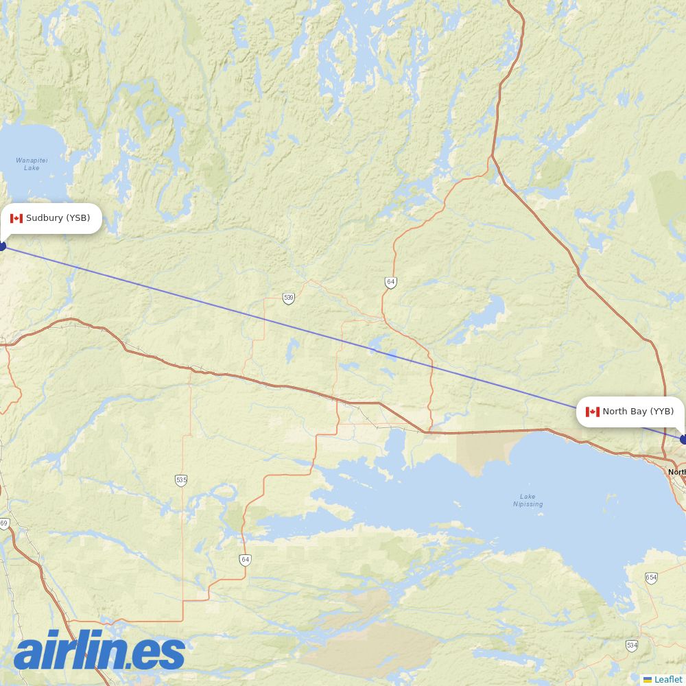 Bearskin Airlines from North Bay destination map