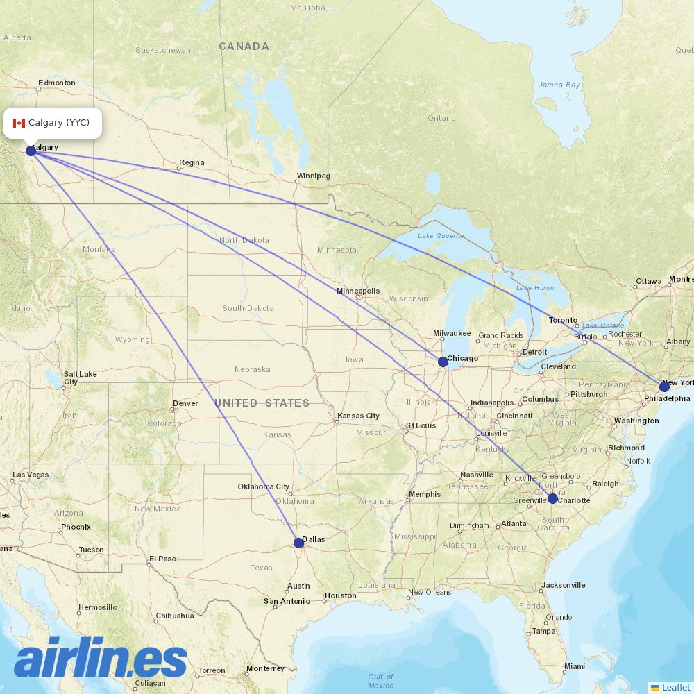 American Airlines from Calgary International destination map