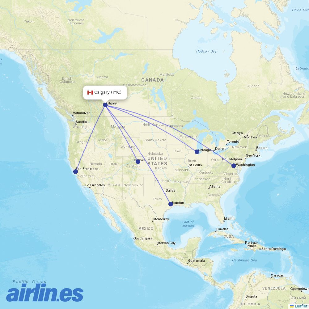 United Airlines from Calgary International destination map