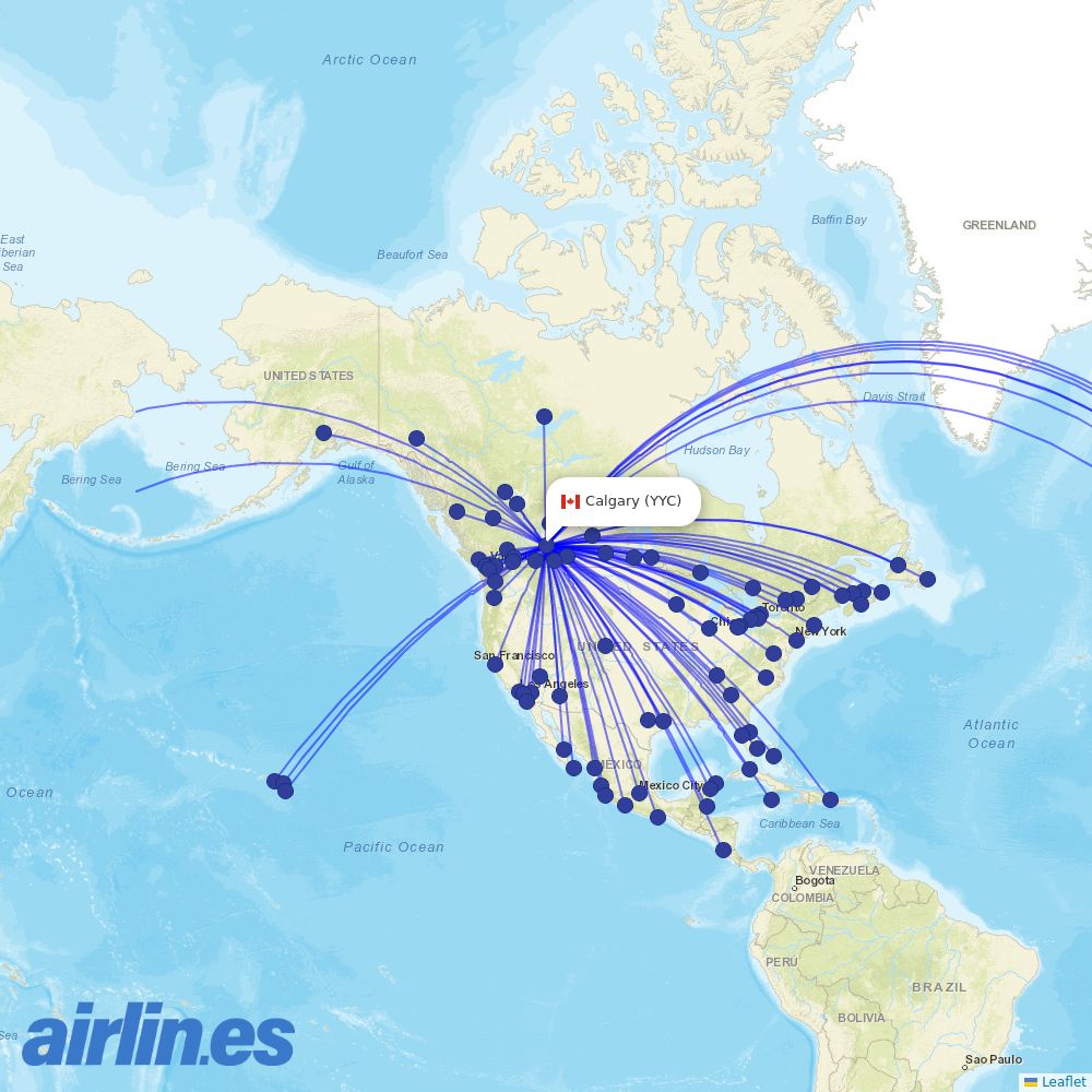 WestJet at YYC route map