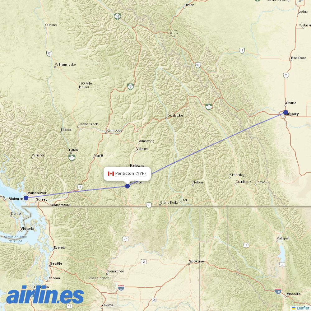 WestJet from Penticton destination map