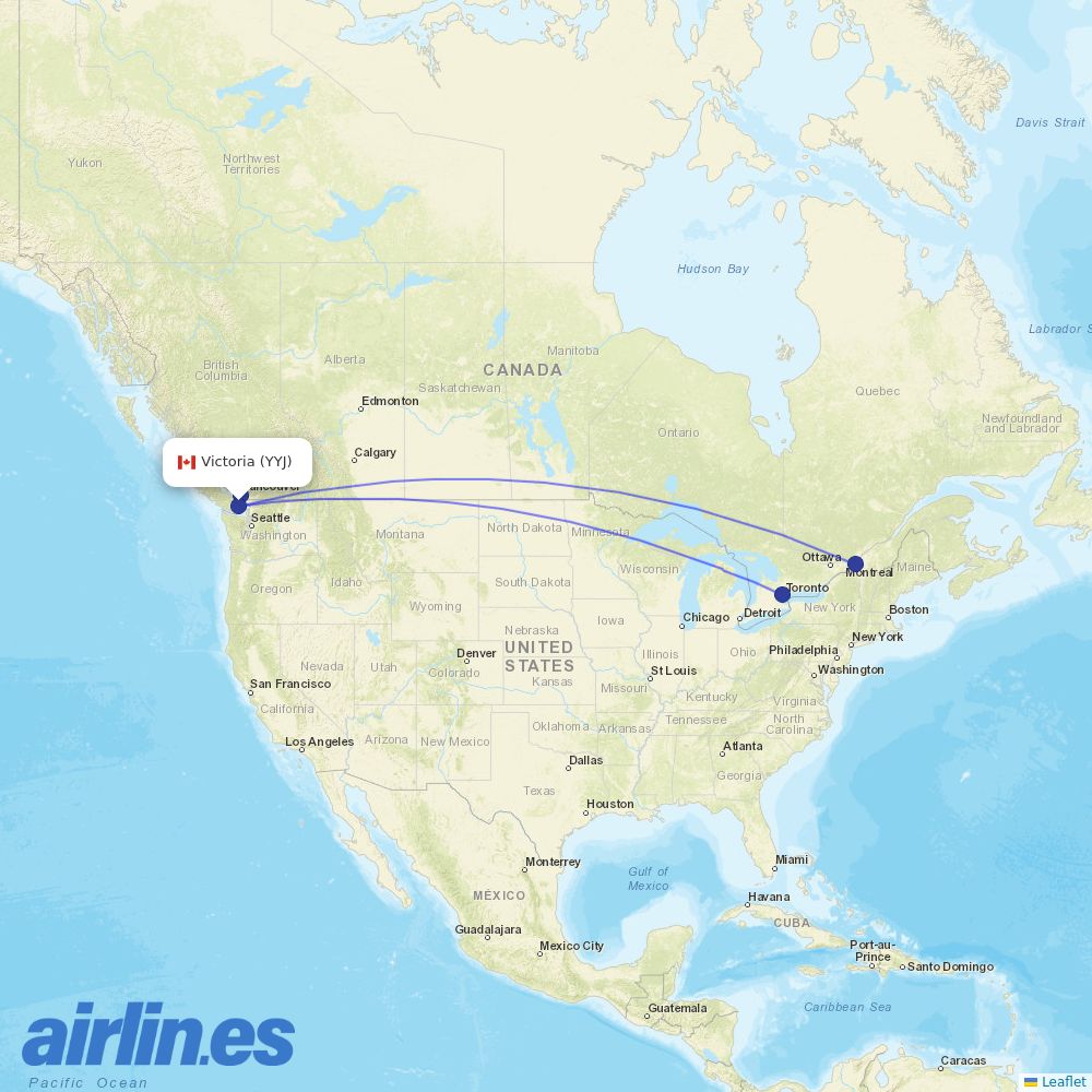 Air Canada from Victoria International destination map