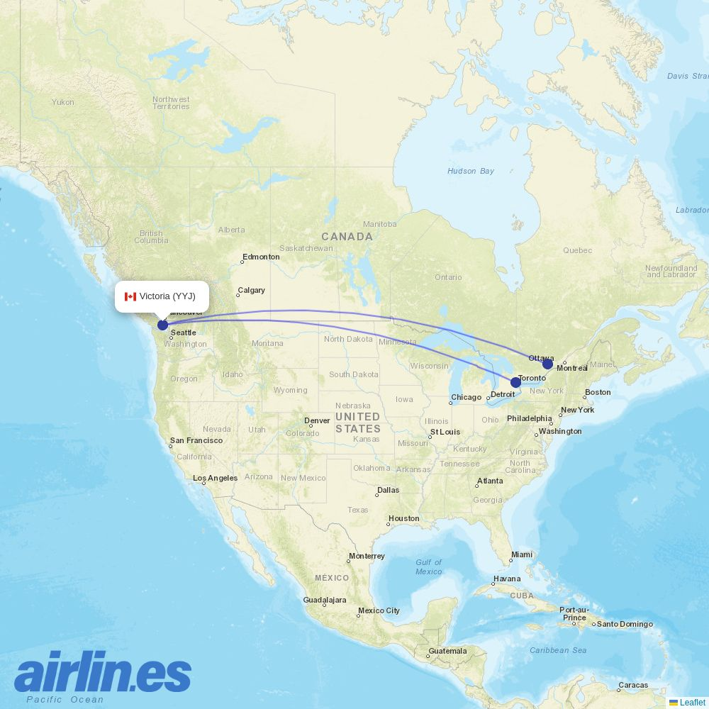 Porter Airlines from Victoria International destination map