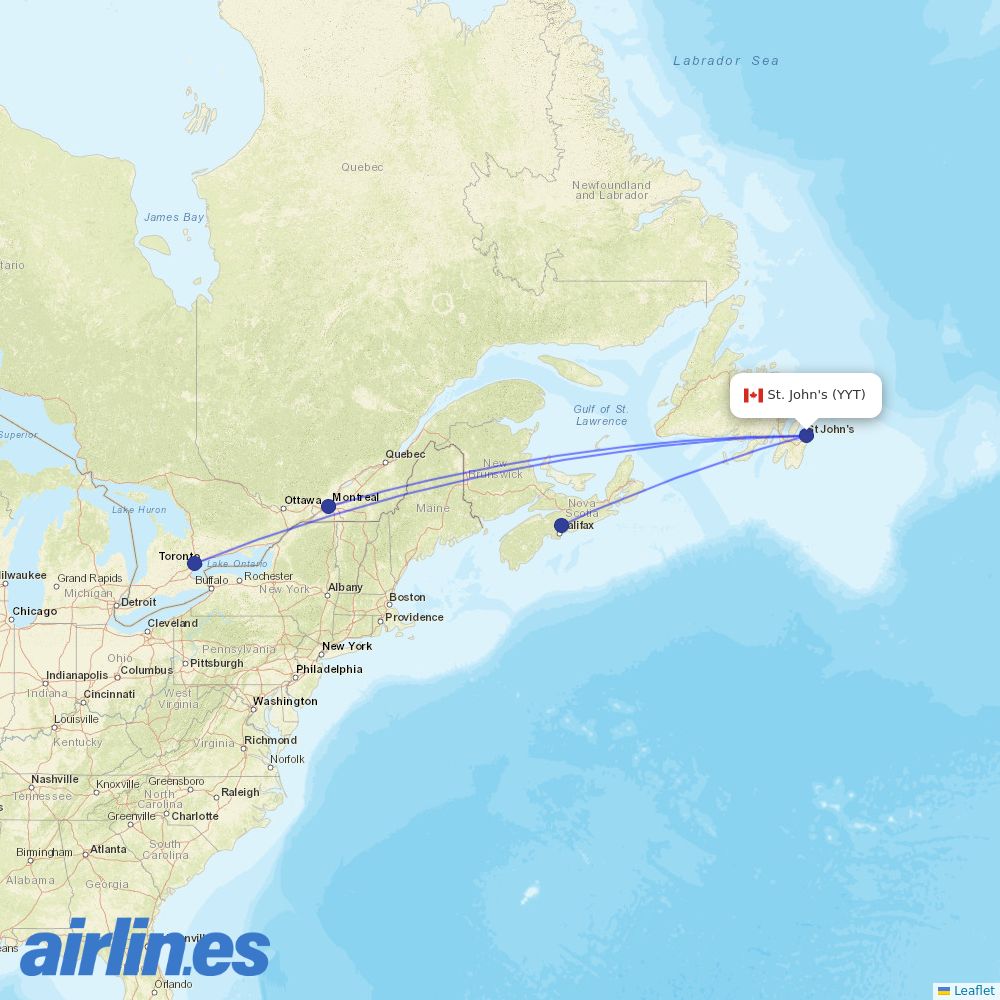 Air Canada from St Johns International destination map