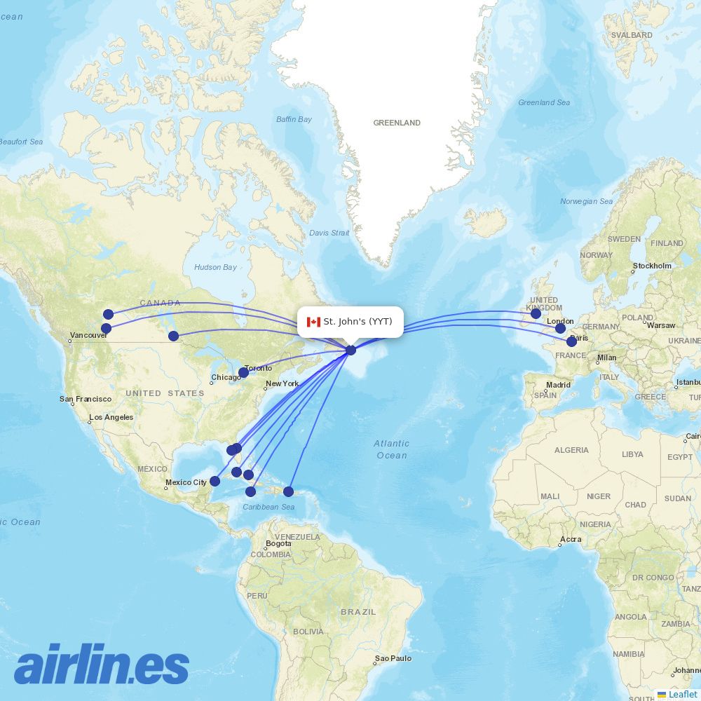 WestJet from St Johns International destination map