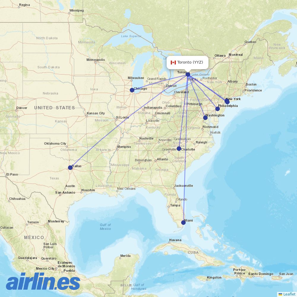 American Airlines from Pearson International destination map