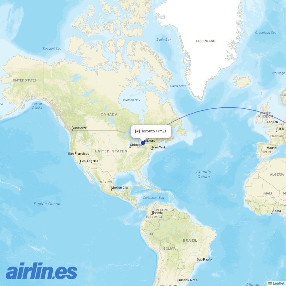 Biman Bangladesh Airlines from Pearson International destination map