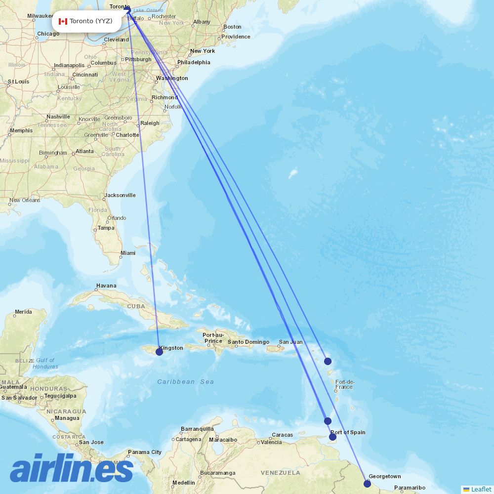 Caribbean Airlines at YYZ route map