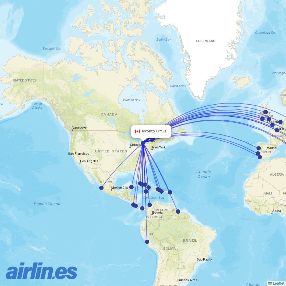 Air Transat from Pearson International destination map