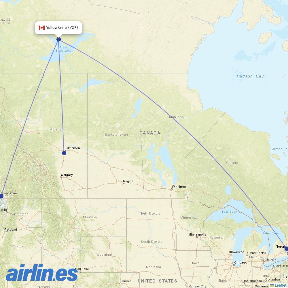 Air Canada from Yellowknife destination map