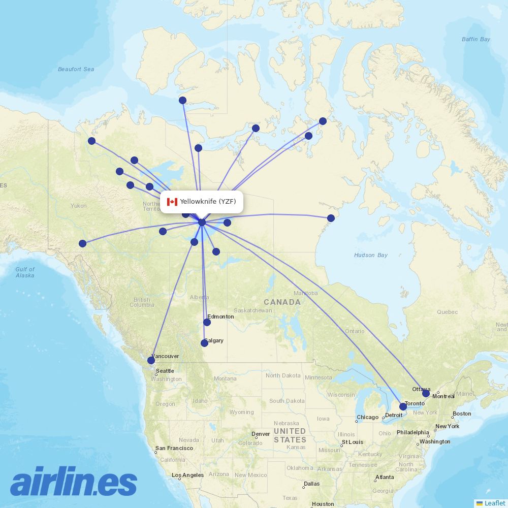 WestJet from Yellowknife destination map