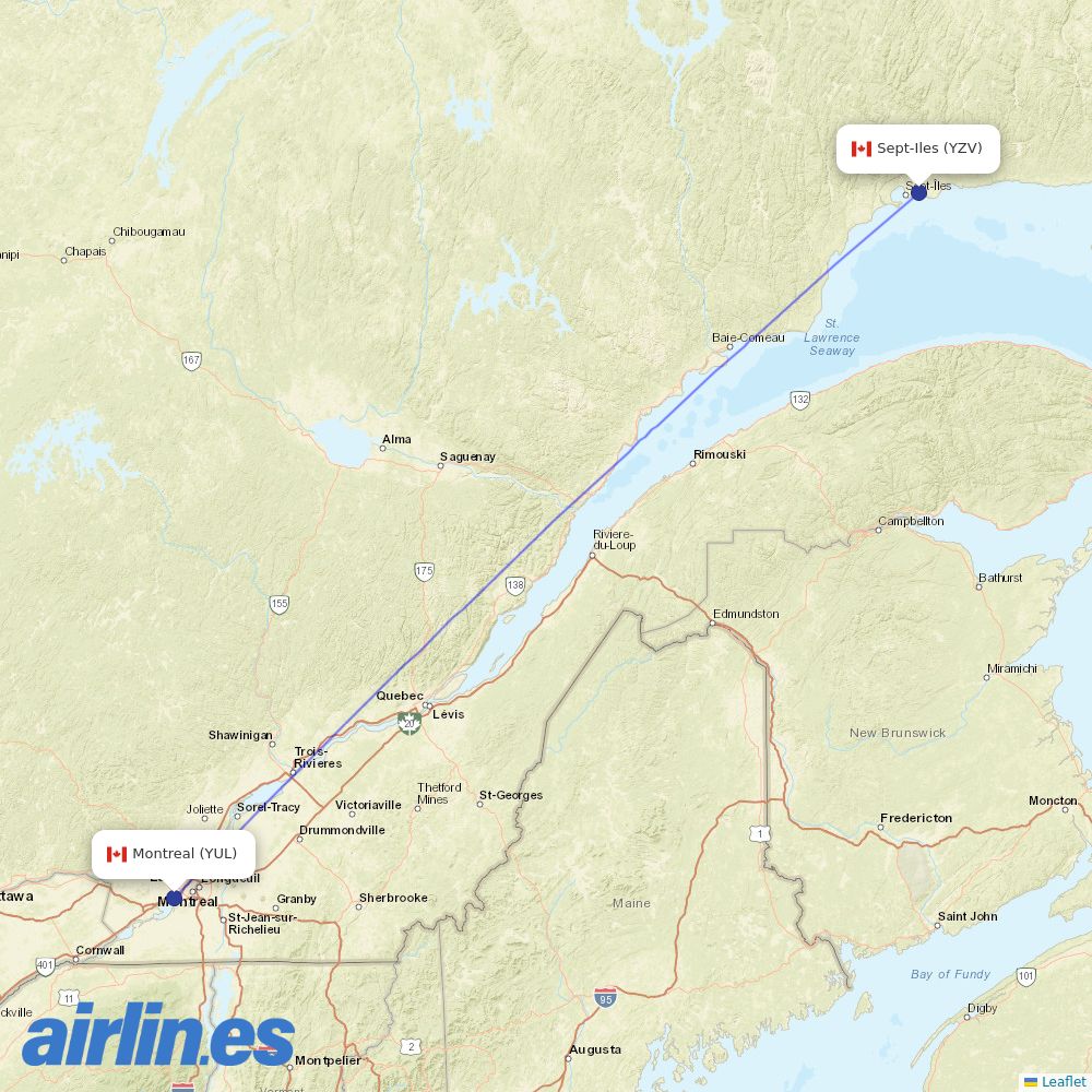 Air Canada from Sept Iles destination map