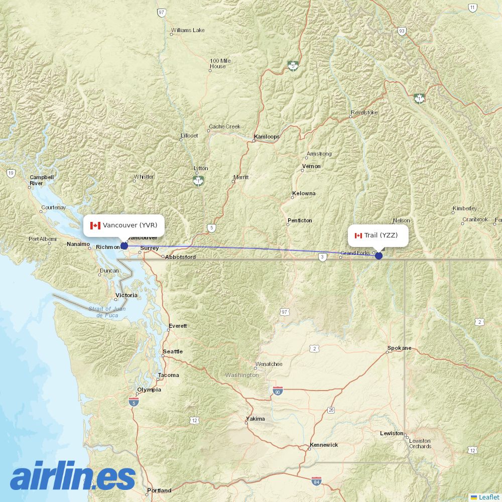 Pacific Coastal Airlines from Trail Airport destination map