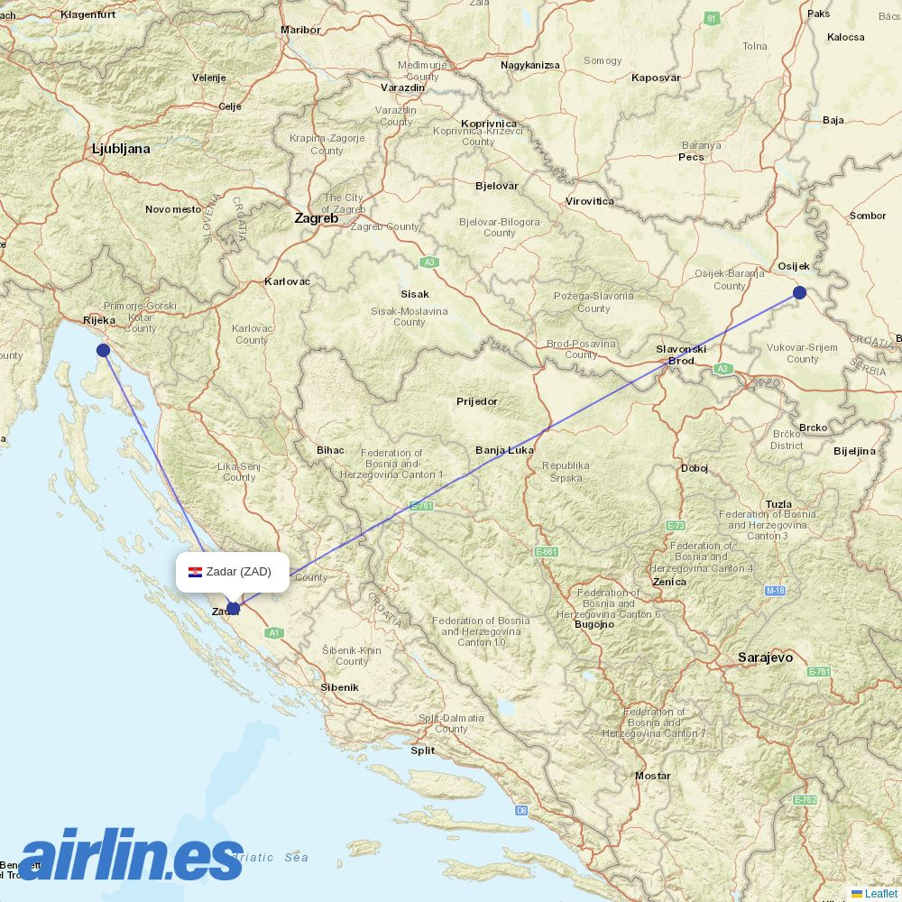 Trade Air from Zadar Airport destination map