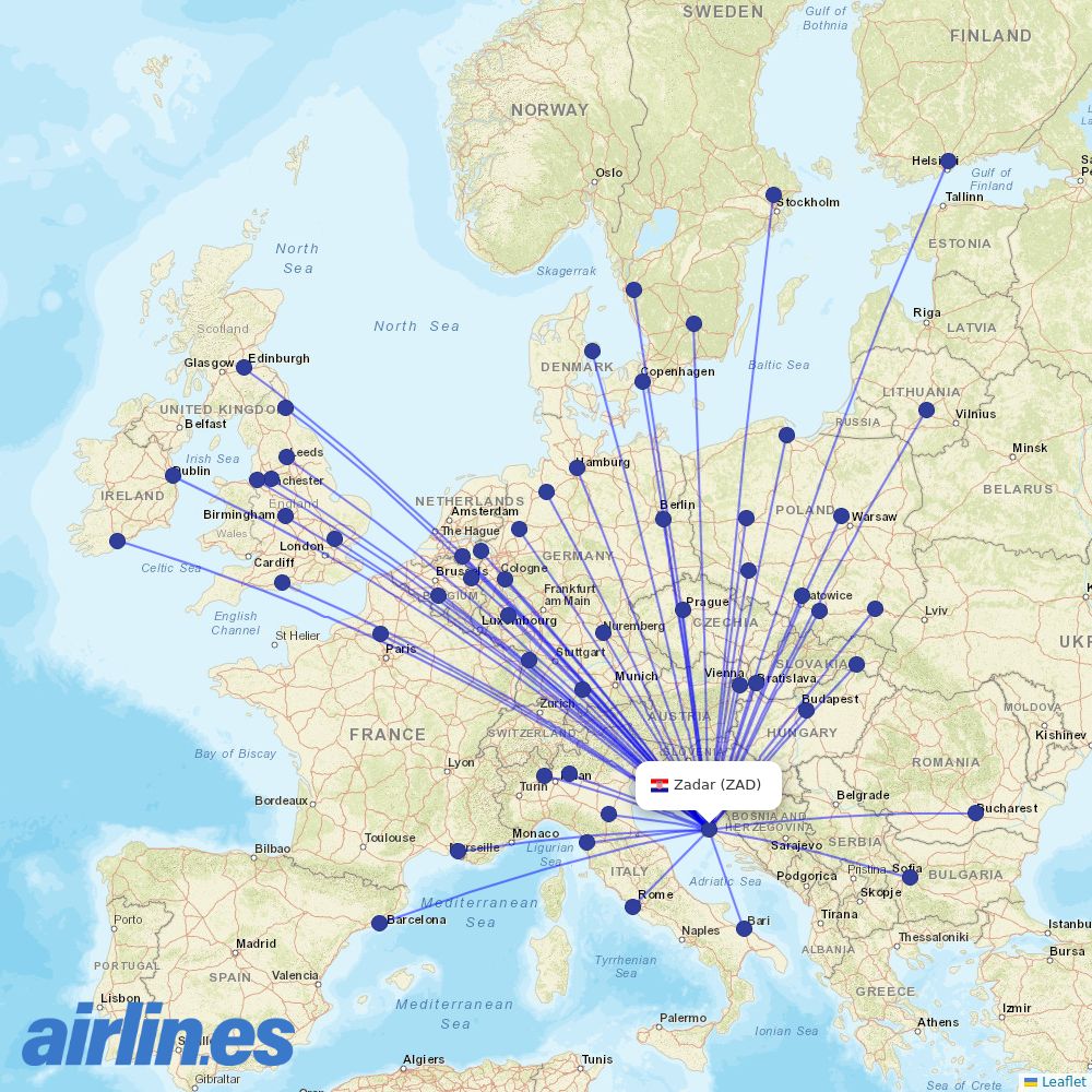 Ryanair from Zadar Airport destination map