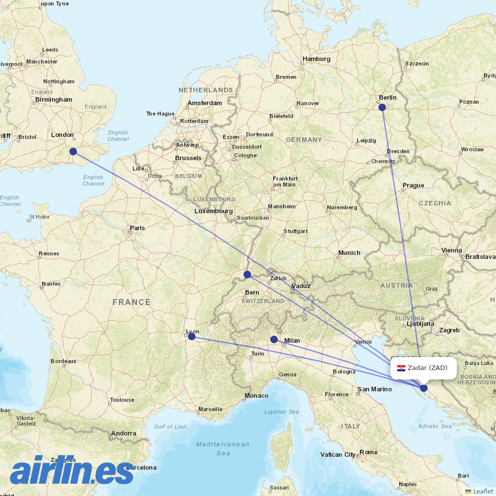 easyJet from Zadar Airport destination map