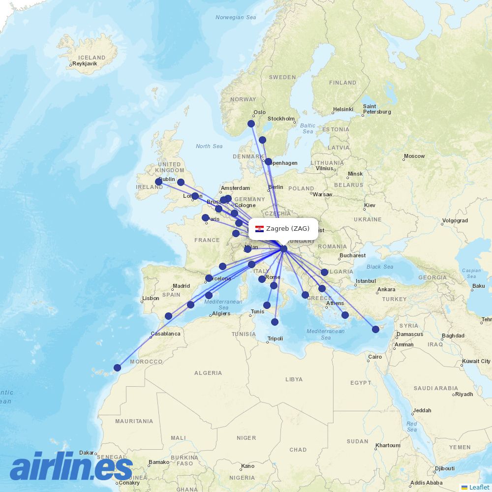 Ryanair from Zagreb Airport destination map