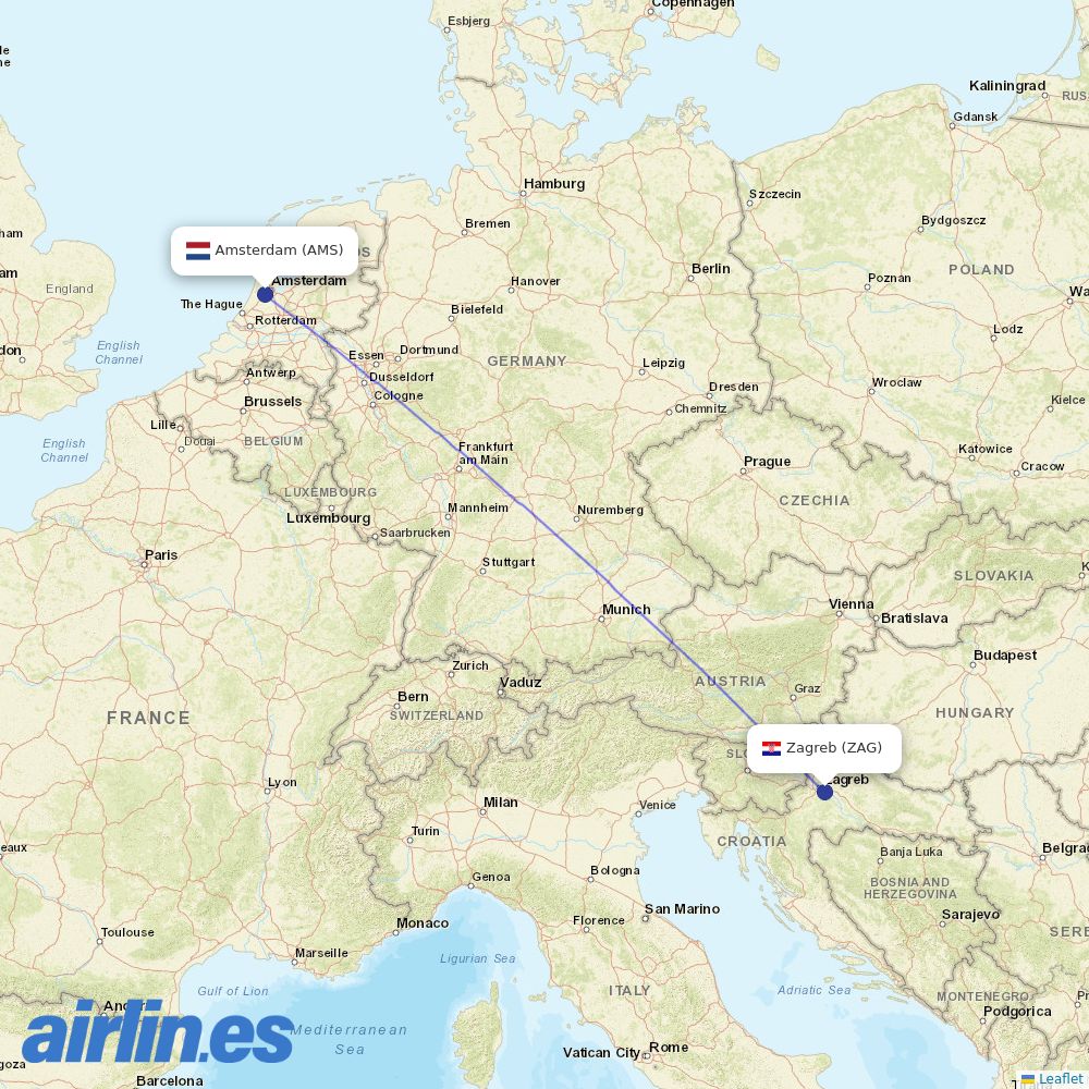 KLM from Zagreb Airport destination map