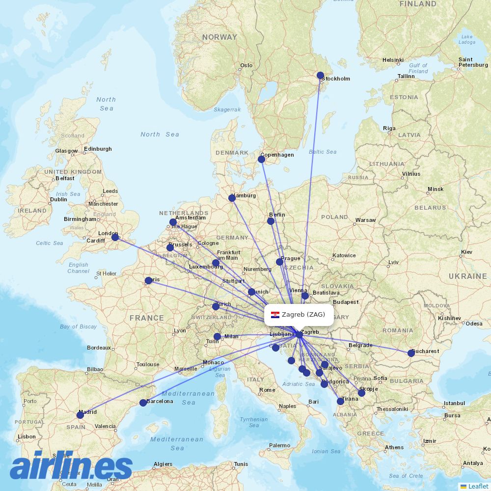 Croatia Airlines from Zagreb Airport destination map
