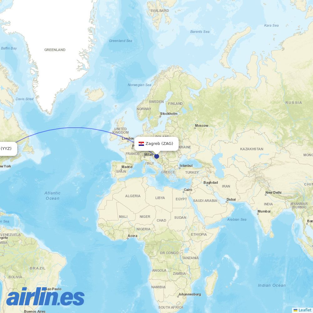 Air Transat from Zagreb Airport destination map