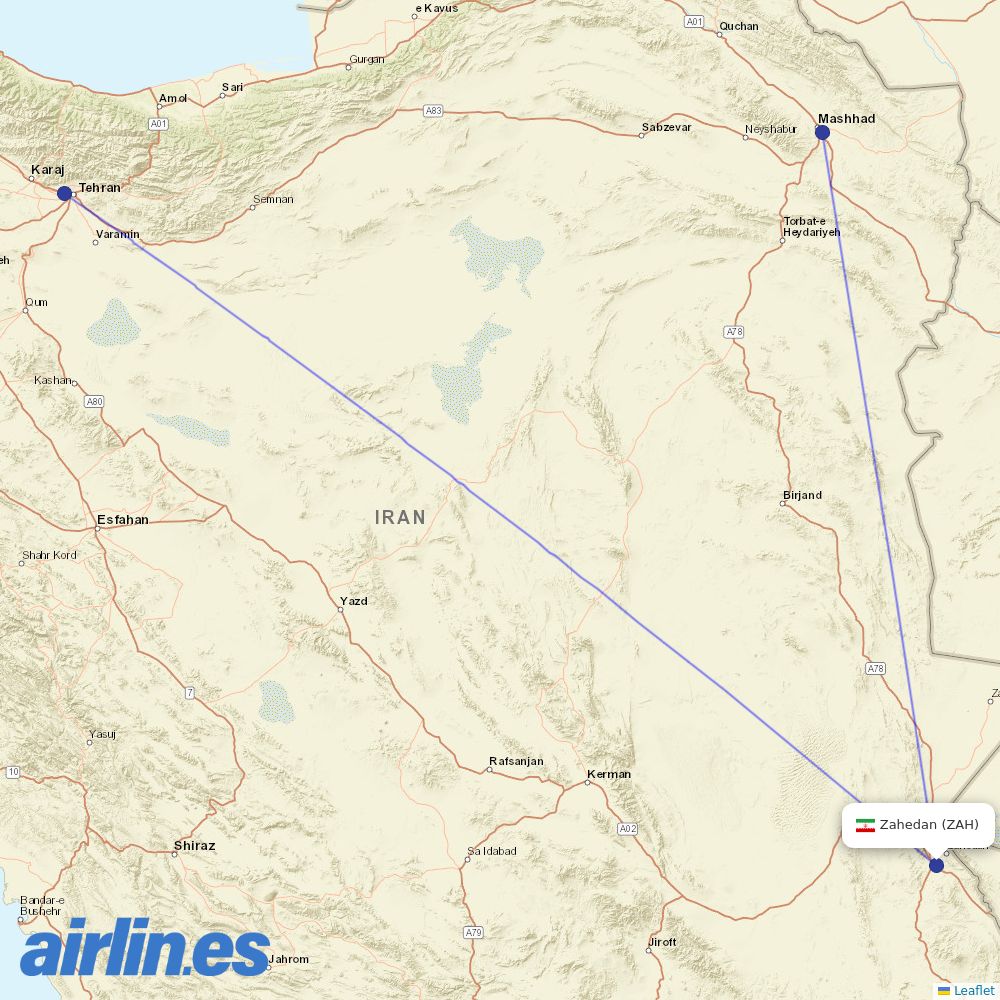Iran Aseman Airlines at ZAH route map