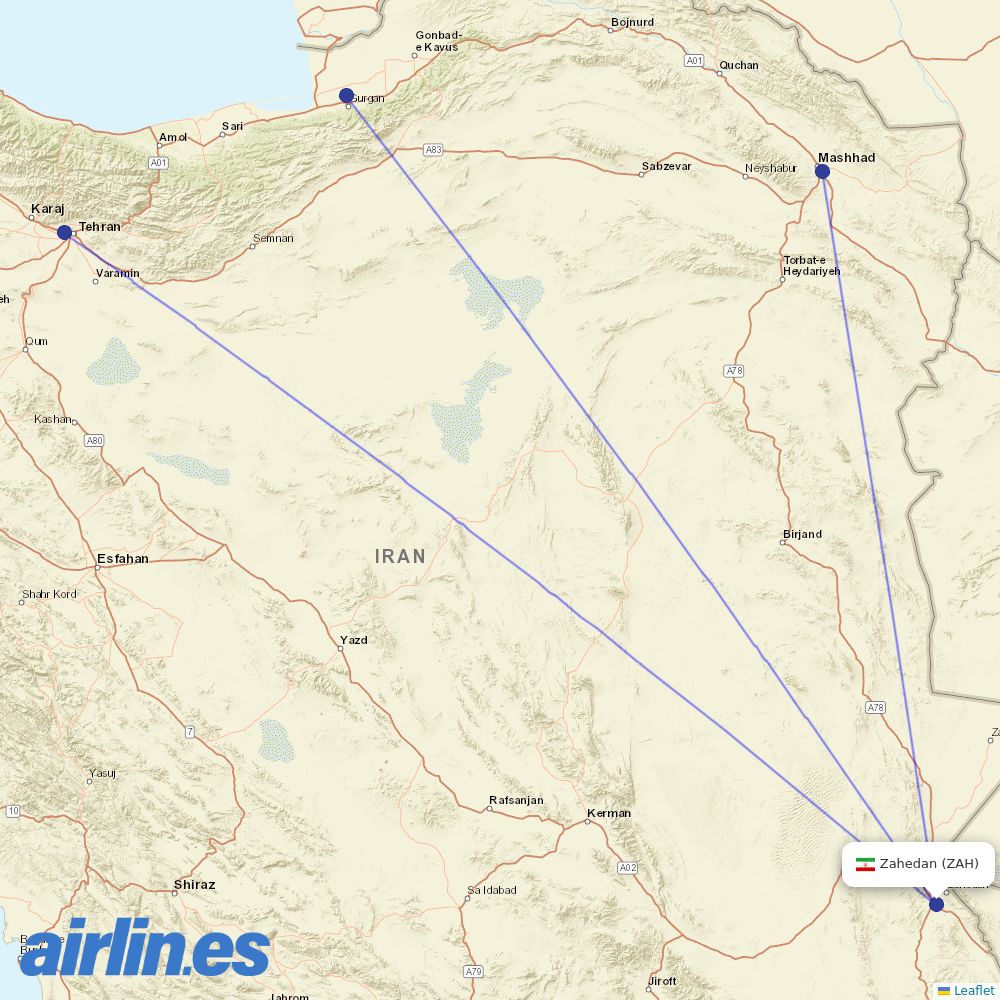 Qeshm Air from Zahedan destination map