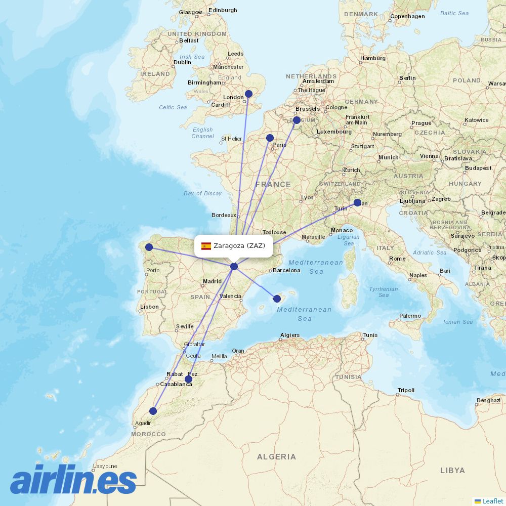 Ryanair from Zaragoza Ab destination map
