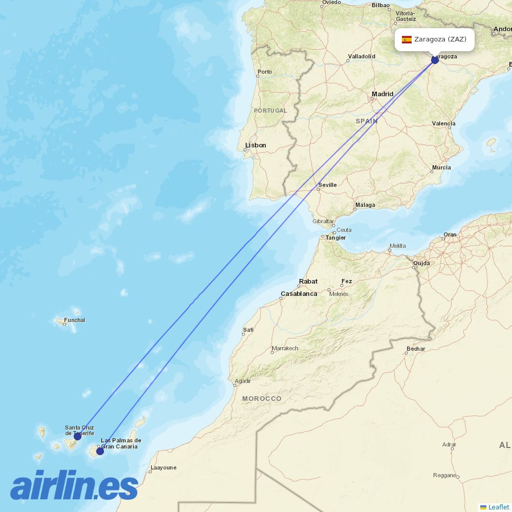 Binter Canarias from Zaragoza Ab destination map