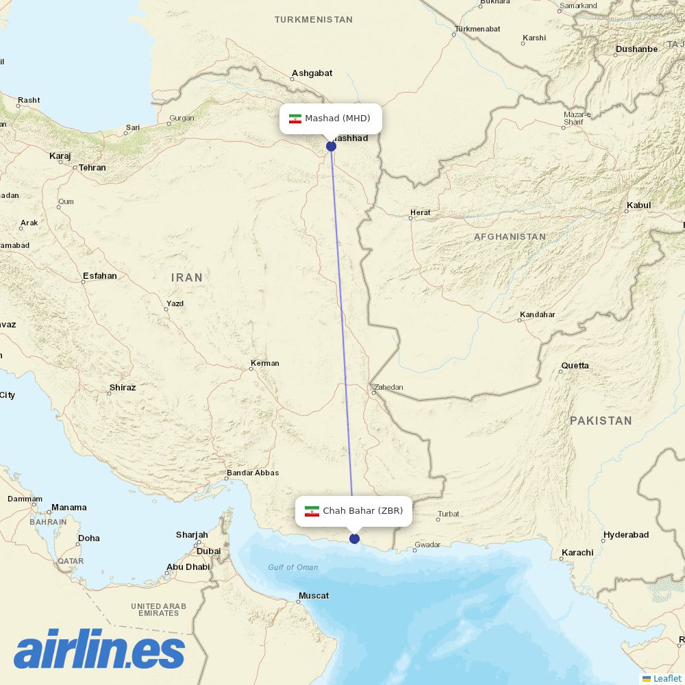 Iran Aseman Airlines from Chah Bahar destination map