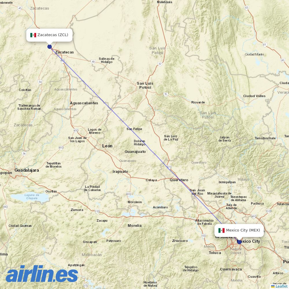 Aeromexico from La Calera Airport destination map