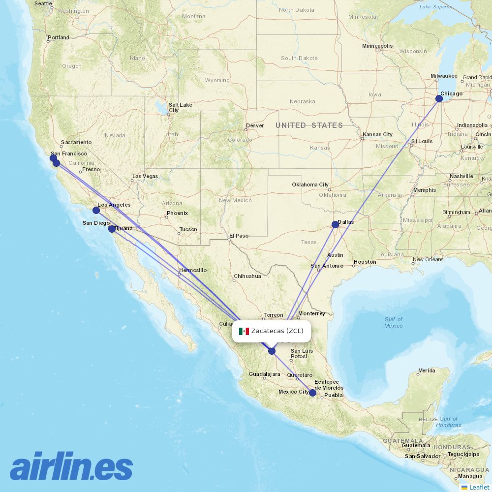 Volaris from La Calera Airport destination map