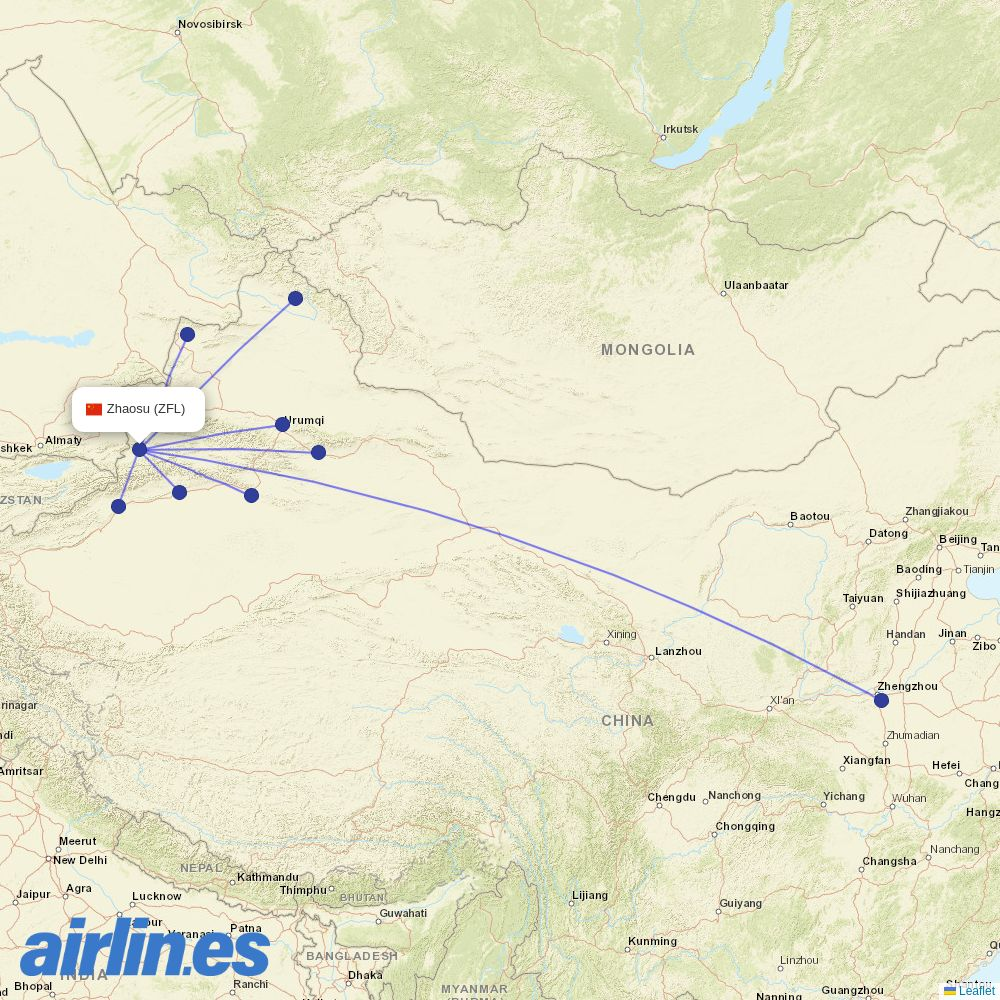 Chengdu Airlines from Tianma Airport destination map