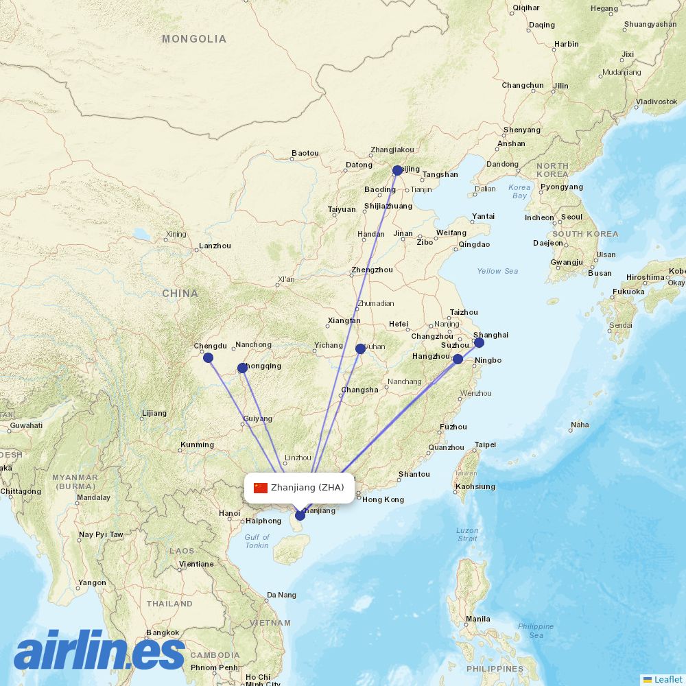 Air China from Zhanjiang Airport destination map