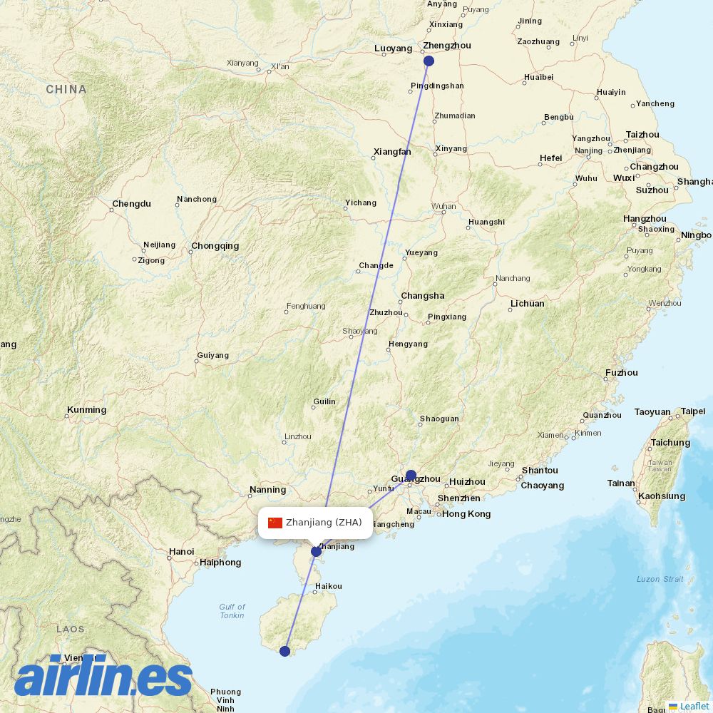 China Southern Airlines from Zhanjiang Airport destination map