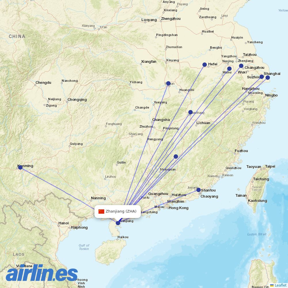 China Eastern Airlines from Zhanjiang Airport destination map