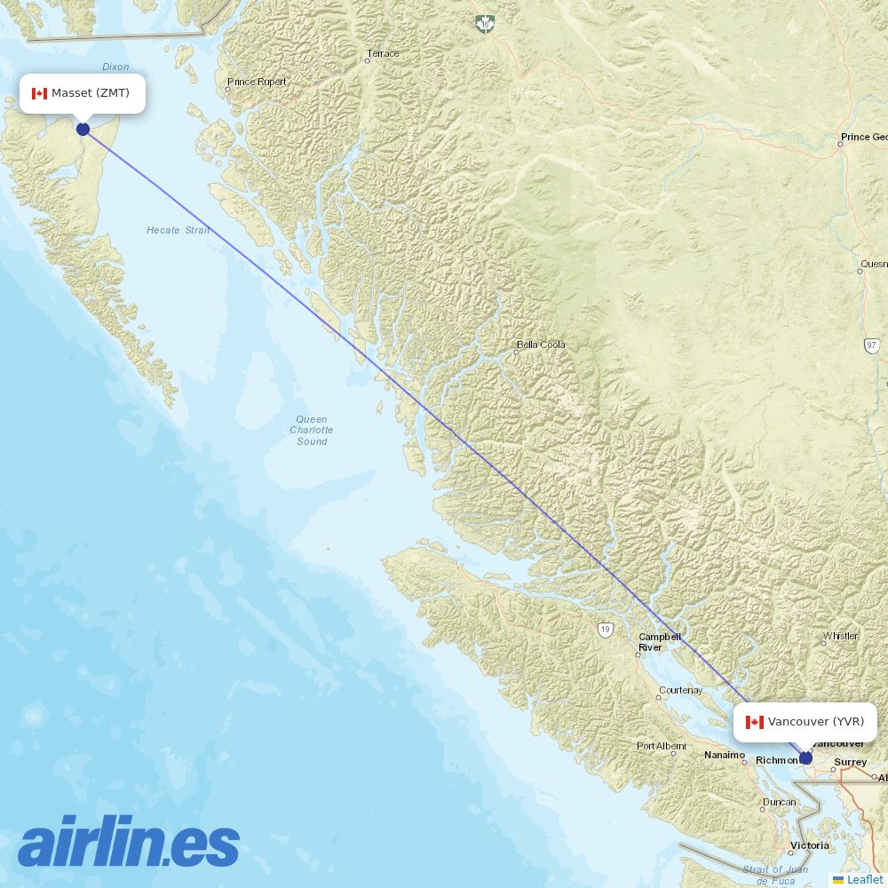 Pacific Coastal Airlines from Masset Airport destination map