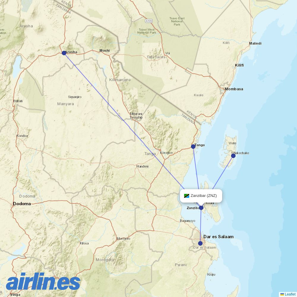 Coastal Aviation from Zanzibar destination map