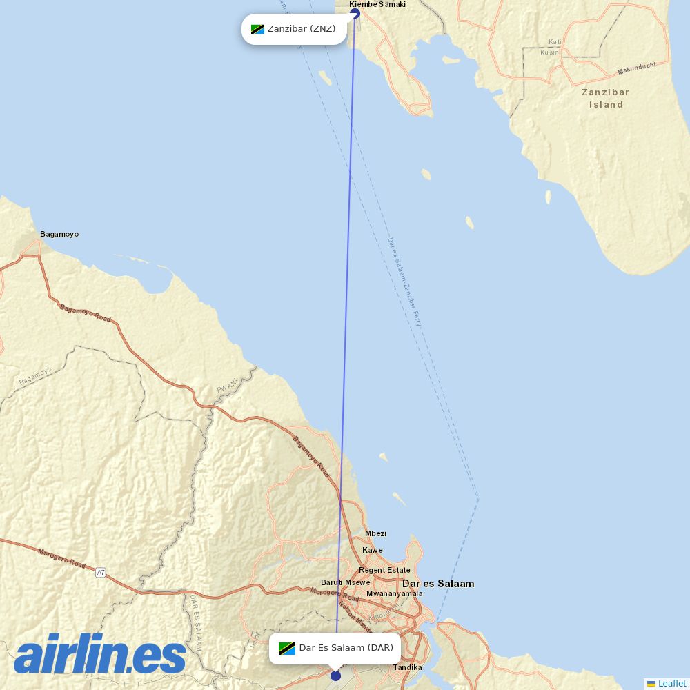 KLM from Zanzibar destination map
