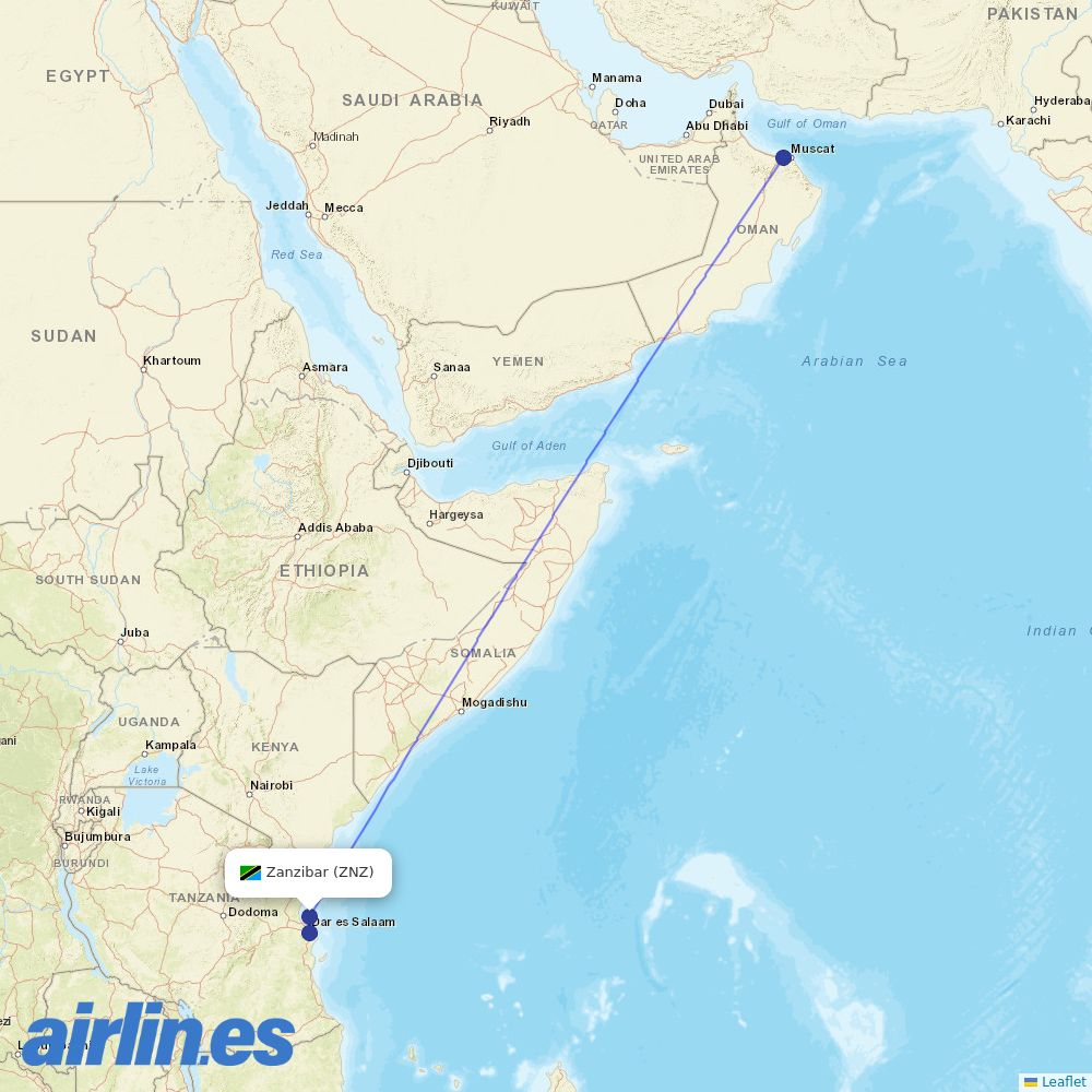 Oman Air from Zanzibar destination map