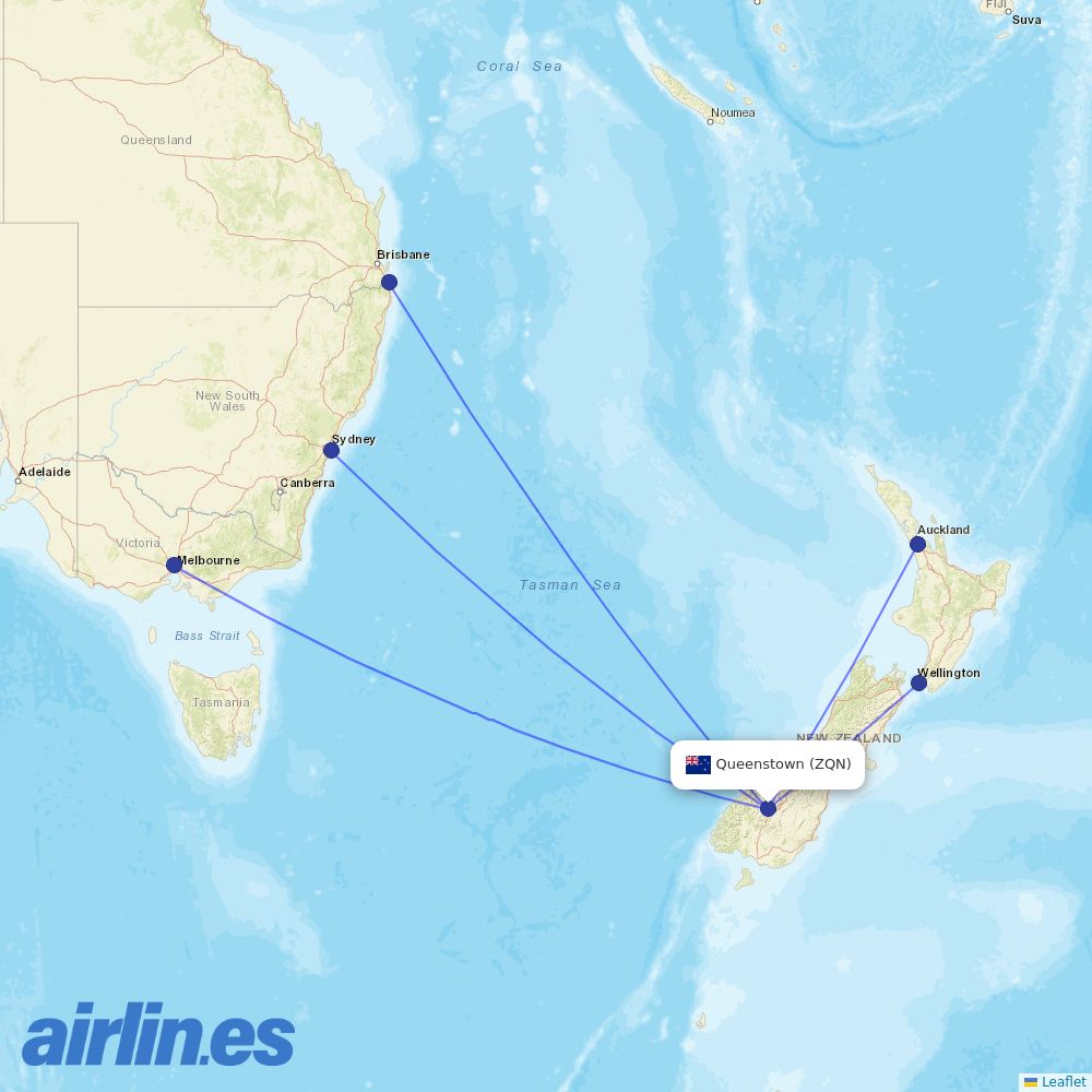 Jetstar from Queenstown destination map