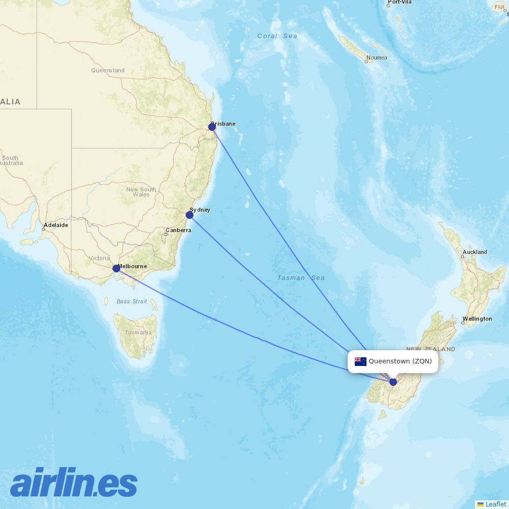Qantas from Queenstown destination map