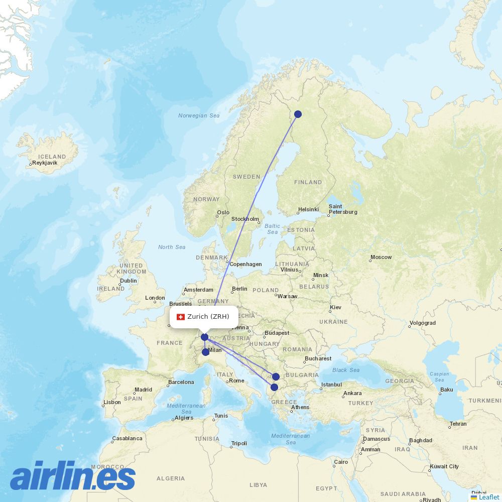 Helvetic Airways from Zurich Airport destination map