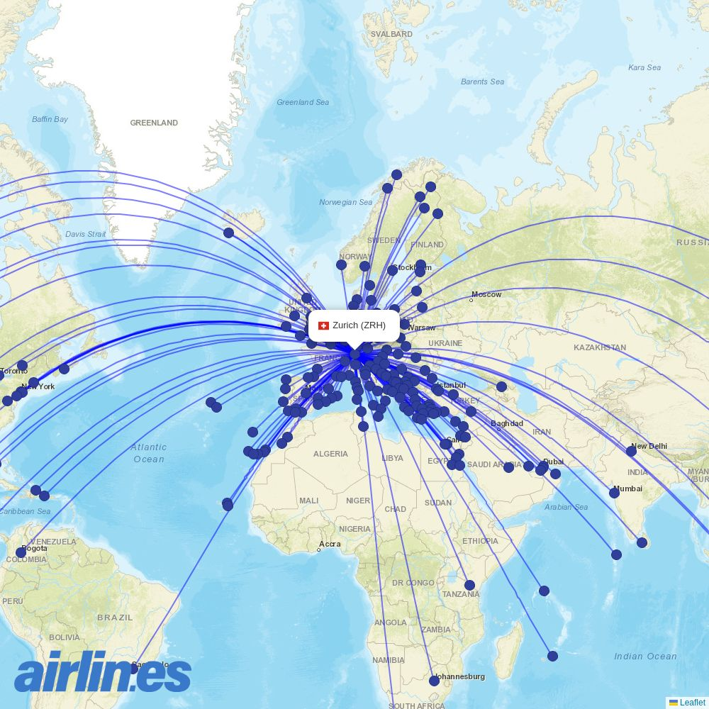 Comlux Aruba from Zurich Airport destination map
