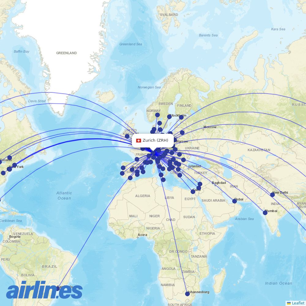 SWISS at ZRH route map