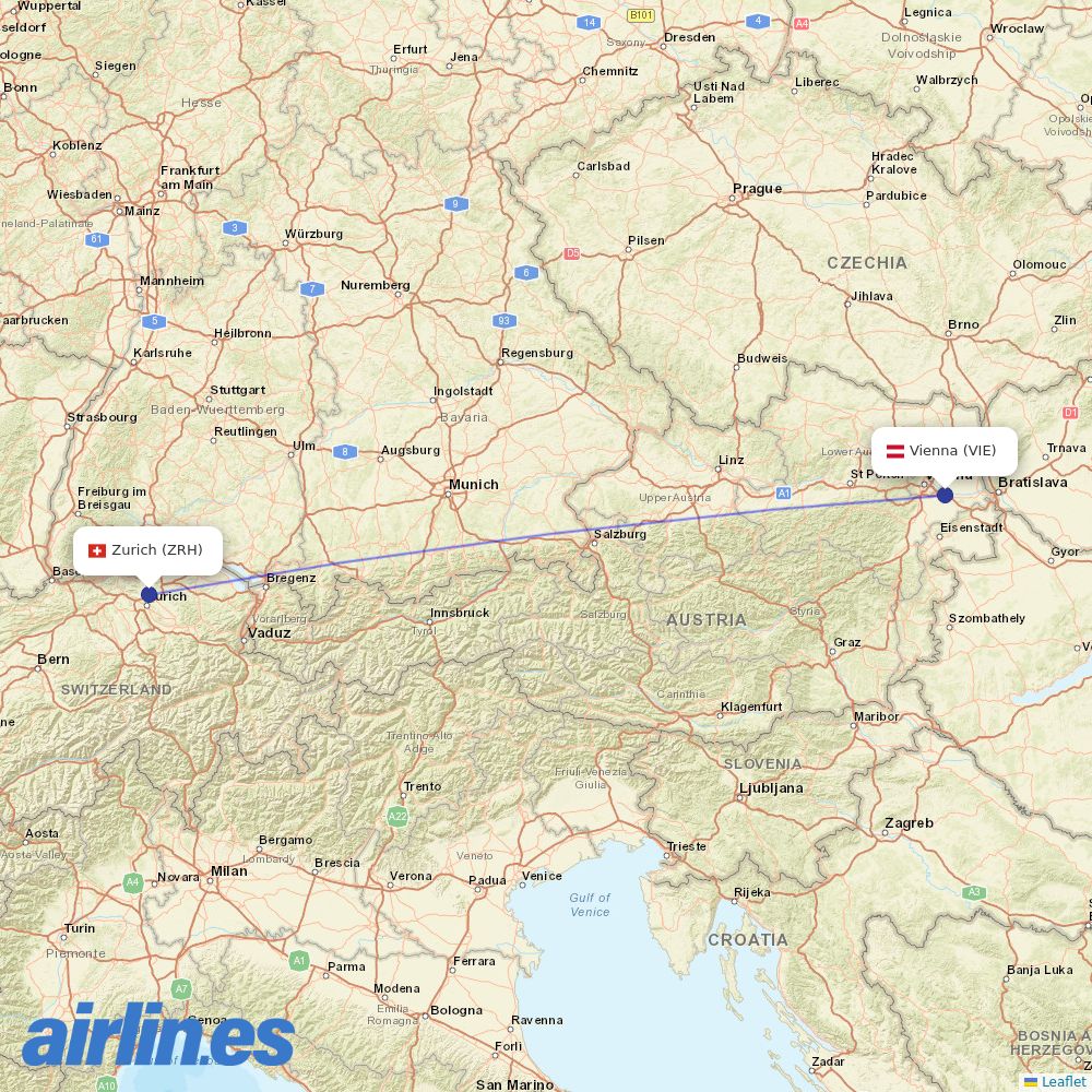 Austrian at ZRH route map
